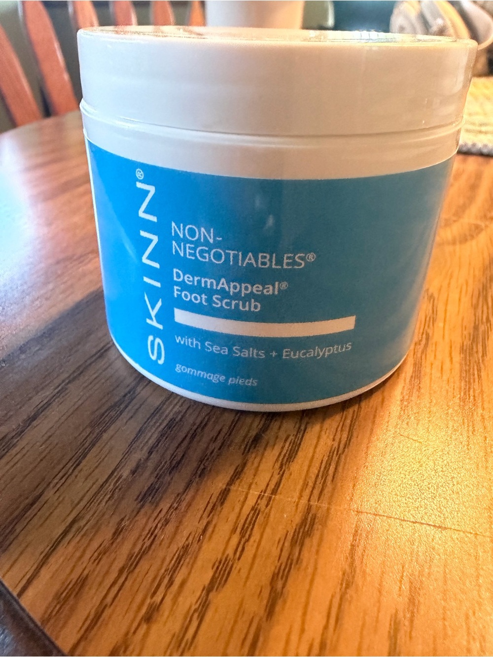 SKINN DermAppeal Foot Scrub in Bright Blue & White Jar